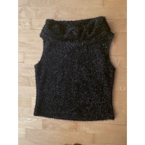 Willie Smith Funnel Neck Black Fuzzy Tinsel Sleeveless Sweater Top M - Picture 1 of 5